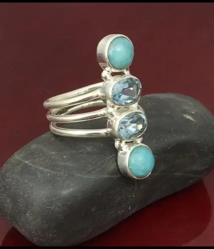 Green Peruvian Amazonite Blue Topaz Sterling Silver Ring Size 6.5
