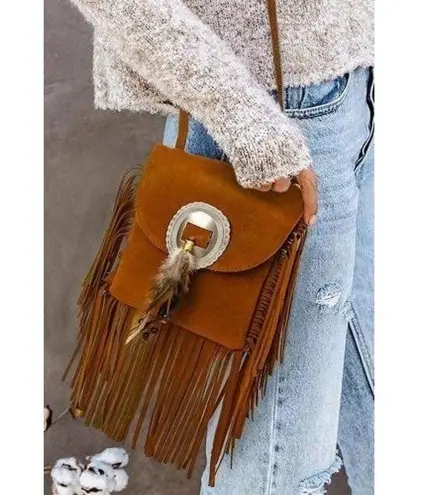 Bohemian Feather Tassel Beading Shoulder Crossbody Bag Brown