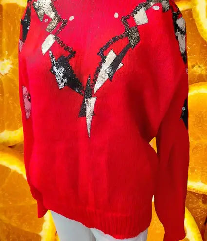 Vintage Le Club Red Wool Mohair Sequin Beaded Statement Sweater Size S White