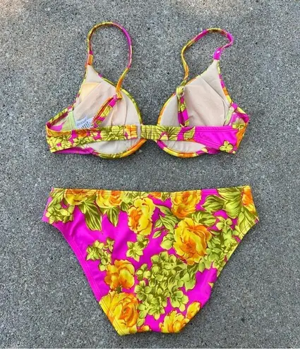 Vintage 90s Y2K Carabella Floral yellow fuchsia underwire bra bikini set Size M