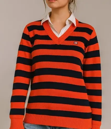 VTG Ralph Lauren Polo Jeans Company Knit Sweater L Orange Blue Striped Preppy Size L