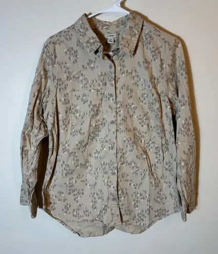 L.L. Bean Button Down Shirt Beige Print Cotton Tencel Blend Size Medium Petite Tan - Image 1