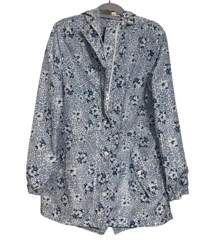 LINDA ANDERSON Rain Jacket Hooded Cinch Waist Leopard Floral Blue EUC Small