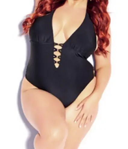 City Chic New Sexy Black Plunging Neckline One Piece Halter Swimsuit size 18