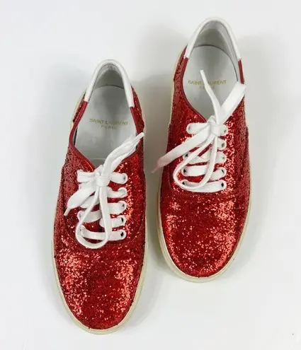 Saint Laurent Skate Red Glitter Sneakers Lace Up Low Top Size 37
