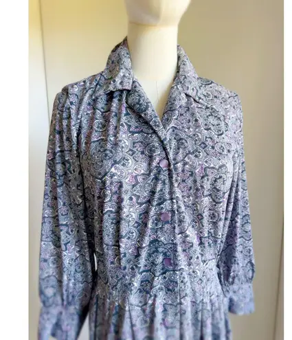 Vintage 70s Womens Dress Graphic Print Size M Gray Purple Day Dress Retro Blue