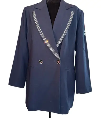 Eva Polini Couture Blazer Sailing Jacket Double Breasted Rhinestones Sz 12 VTG Blue