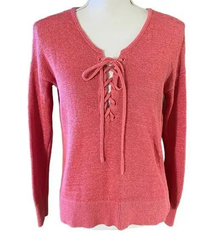 Ann Taylor LOFT Size XS Lace Up Front Sweater Rose Dusty Pink Linen Blend