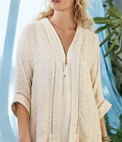 Soft Surroundings NWT Cream Sequin Glamour Kimono Cardigan Medium Bohemian