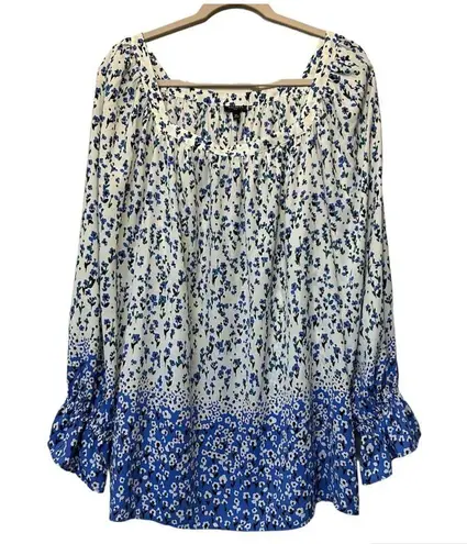 Talbots  Floral Top Shirt Blouse Cinched Sleeve Blue Dip White Women Plus Size 2X