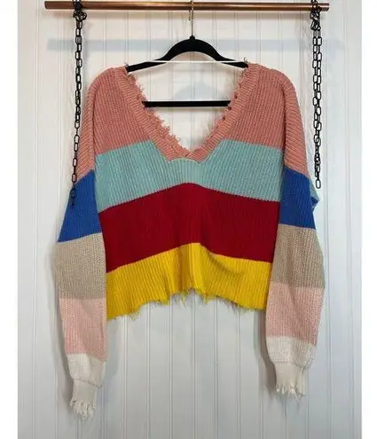 Fox + Hawk Color Block Cropped Distressed Stripe Sweater Multicolor Size S Red