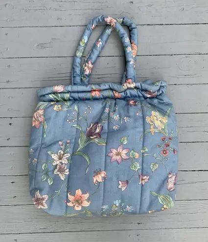 Vintage Blue Floral Puffy Quilt Tote Purse w/ Metal Bracket Closure
