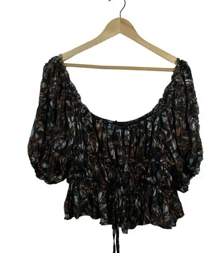 House of Harlow 1960 Revolve Metallic Abstract Puff Sleeve Blouse Brown Size L Size L