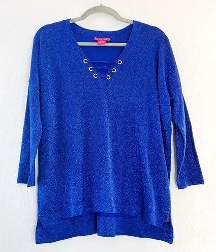 Sunny Leigh Top Cobalt Blue Glitter Sparkle 3/4 Sleeve Faux Lace Up Shirt M EUC