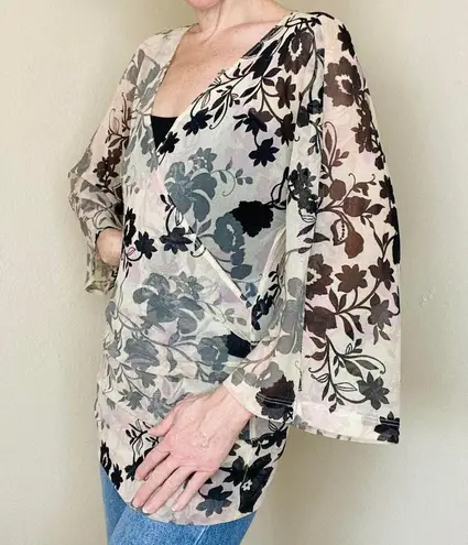 Karen Kane Sheer Burnout Black & Ivory Floral Flare Sleeve Blouse