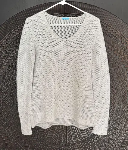 J. McLaughlin Crochet Open Knit Weave Sweater S Gray Metallic Mesh Beachy Mermaid