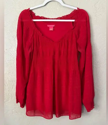 Sunny Leigh Women's Medium Pullover Blouse Lined Semi Sheer Red V-Neck M