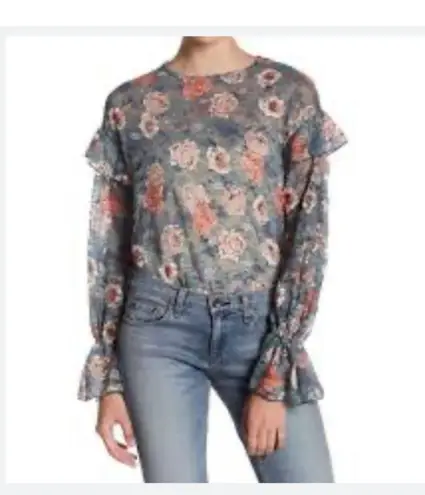 Melrose and Market Sheer Floral Lace Ruffle Long Sleeve Blouse Size MD