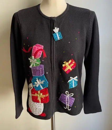 Tiara International Vintage Christmas Cardigan Sweater Zip Beaded Gifts Large - Image 1