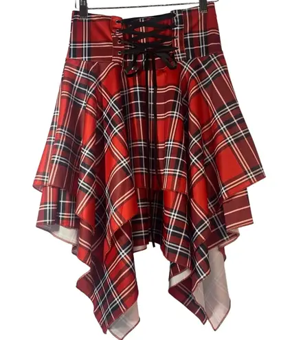 Red & Black Plaid Handkerchief Skirt Corset Tie Skirt women sz L Size L