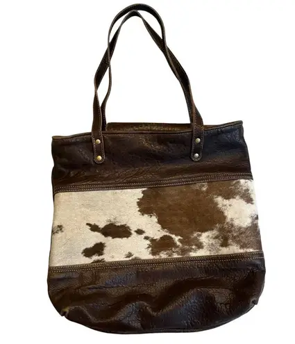 Myra Leather and Hairon Shoulder Tote Bag Brown