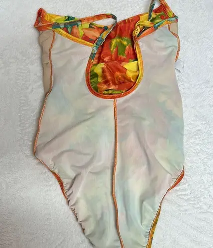 Vibrant Orange and Yellow One Piece Swimsuit with Spaghetti Straps Size M