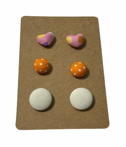 None Fabric Covered Button Earring Stud Set Round Pink