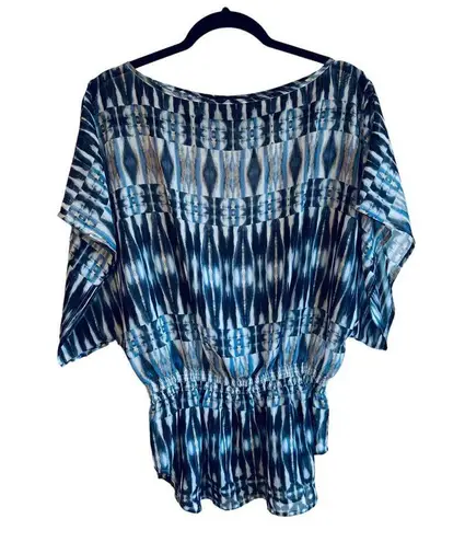 Cynthia Steffe Ikat Sheer Blue & White Patterned Top with Metallic Gold Thread