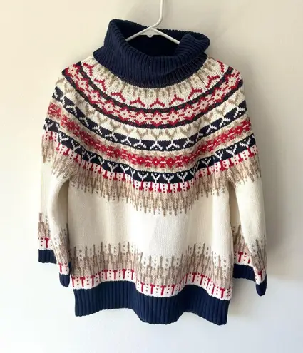 Lands’ End Ski Fair Isle Turtle Neck Sweater Wool Alpaca Cabin Fisherman Holiday Blue Size L