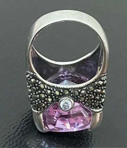 Amethyst Vintage Purple & Marcasite 925 Sterling Silver 16mm Cocktail Ring Sz 8