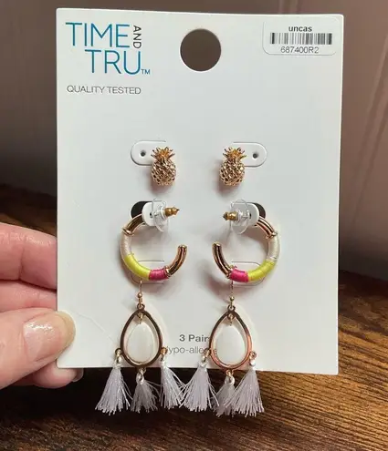 Time and Tru Pineapple Studs and Tassel Earrings and Hoop Earrings Set Gold