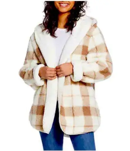 Weatherproof Beige Plaid Ivory Reversible Sherpa Hooded Cardigan S/M