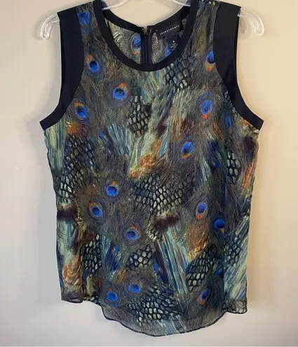 Investments Blue and Green Feather Print Blouse