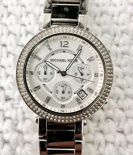 Michael Kors Silver Round Face Parker Jewel Stone Faced Watch MK-5353