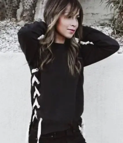 Sincerely Jules Side Lace Up Crewneck Sweatshirt in Black