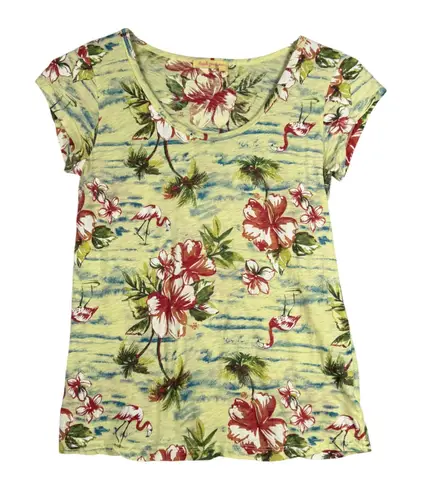 Fresh Produce T-Shirt Yellow Floral Flamingo Print Tropical Vacation Tee Size S