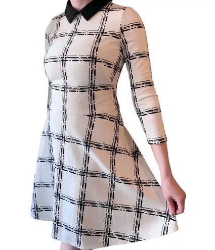 Eliza J Fit & Flare Preppy White Black Plaid Pattern Office work Collar Dress