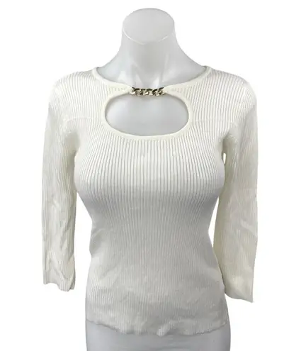 T Tahari NEW Ivory Boat Neck Gold Metal Chain Rib Knit 3/4 Sleeve Cutout Top S