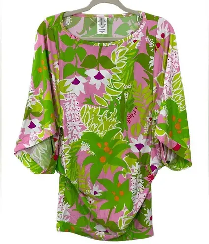 Trina Turk  La Palma Green Floral Print Tunic Swim Coverup Mini Dress Size Small