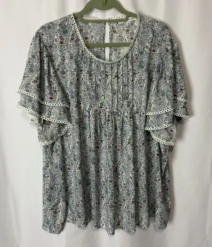 Rose + Olive Blue Floral Tiered Ruffle Sleeve Blouse 3X Cottagecore Romantic