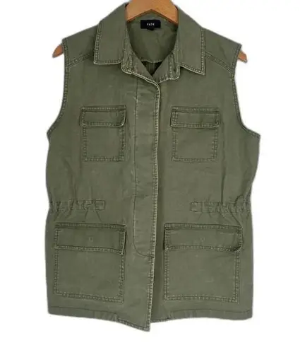 Fate Army Green Sleeveless Utility Vest Button Up Drawstring Waist Size Medium