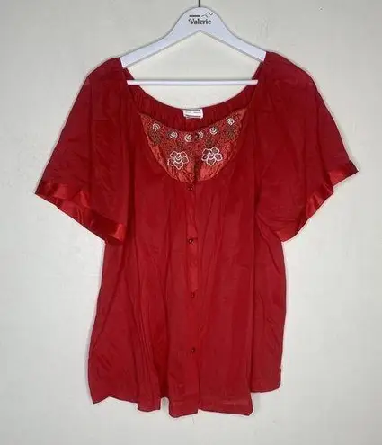 Kelly Reed Nylon Vintage Pajama Lounge Top Blouse Red Embroidered Large