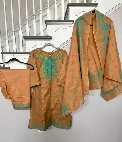 Indian Pakistani 3 Piece Embroidery Printed Light Brown Shalwar Kameez Sz M Size M