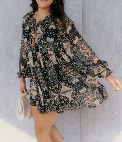 Aakaa Size S Floral Tassel Tie Neck Mini Babydoll Boho Dress