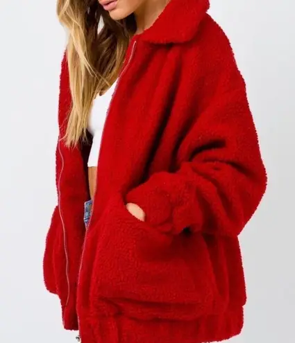 I am gia  Pixie Oversized Teddy Sherpa Full Zip Jacket Fleece Coat Red Medium