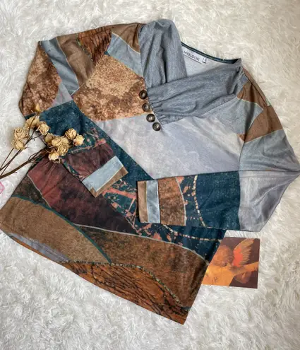 Misook MISSLOOK boho earthy landscape long sleeve top