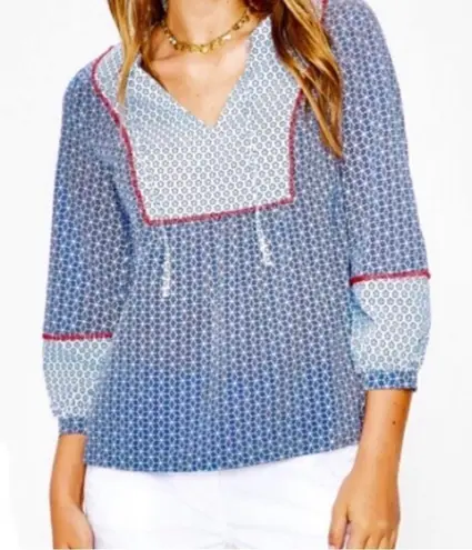 Boden Cora Blue with Star Print 3/4 Sleeve Blouse Cottagecore Size 2