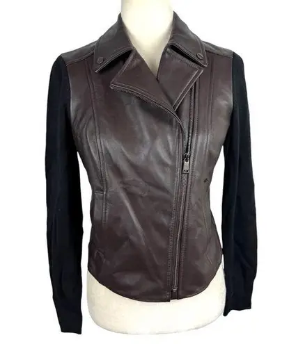 Etcetera Brown Genuine Leather Jacket Black Knit Moto Biker Short Jacket Size XS