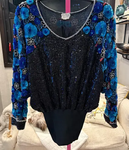 VINTAGE Elegant Black and Blue Sequin Women's Top Medium