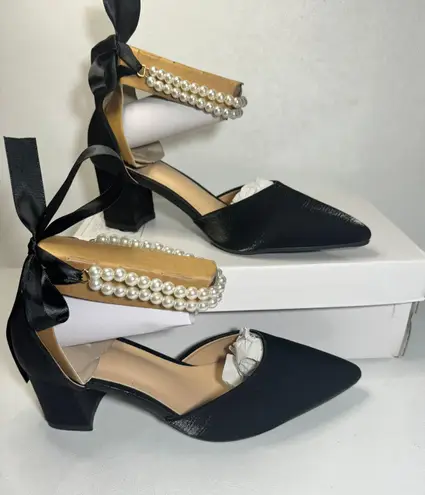 Closed Toe Pearl Heels Satin Wedding with Bow Chunky Block Heels Prom Evening Black Size 8